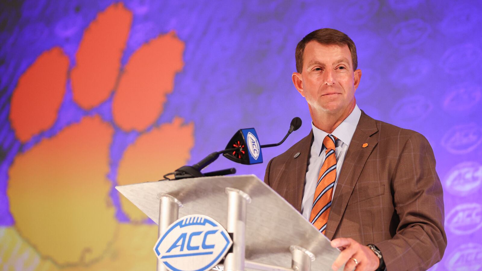 Clemson head coach Dabo Swinney listens to a question during press conference at the Atlantic Coast Conference media days Thursday, July 22, 2021, in Charlotte, N.C. (Nell Redmond/AP)