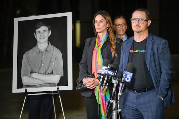 Gideon Bernstein and Jeanne Pepper Bernstein, parents of Blaze Bernstein, speak during a press conference after Samuel Woodward was sentenced to life without parole at Orange County Superior Court on Friday, Nov. 15, 2024, in Santa Ana, Calif., for the fatal stabbing of his former classmate, Blaze Bernstein, in Jan. 2018. (Jeff Gritchen/The Orange County Register via AP, Pool)