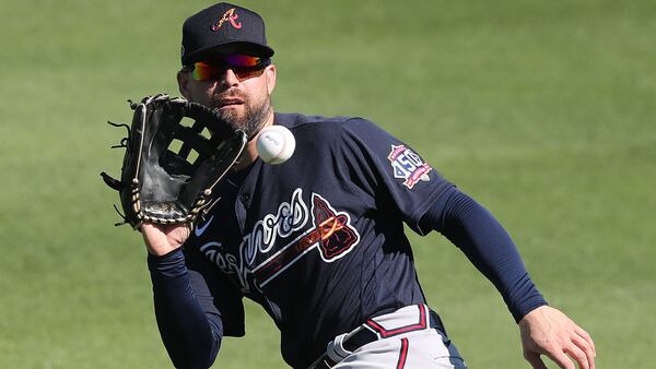 Atlanta Braves outfielder Ender Inciarte catches a ball while fielding during team practice Thursday, Feb. 25, 2021, at CoolToday Park in North Port, Fla. (Curtis Compton / Curtis.Compton@ajc.com)