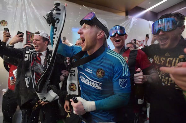 December 8, 2018 Atlanta - Atlanta United players celebrate in their locker room after Atlanta United beat the Portland Timbers during the MLS championship on Saturday, December 8, 2018. HYOSUB SHIN / HSHIN@AJC.COM