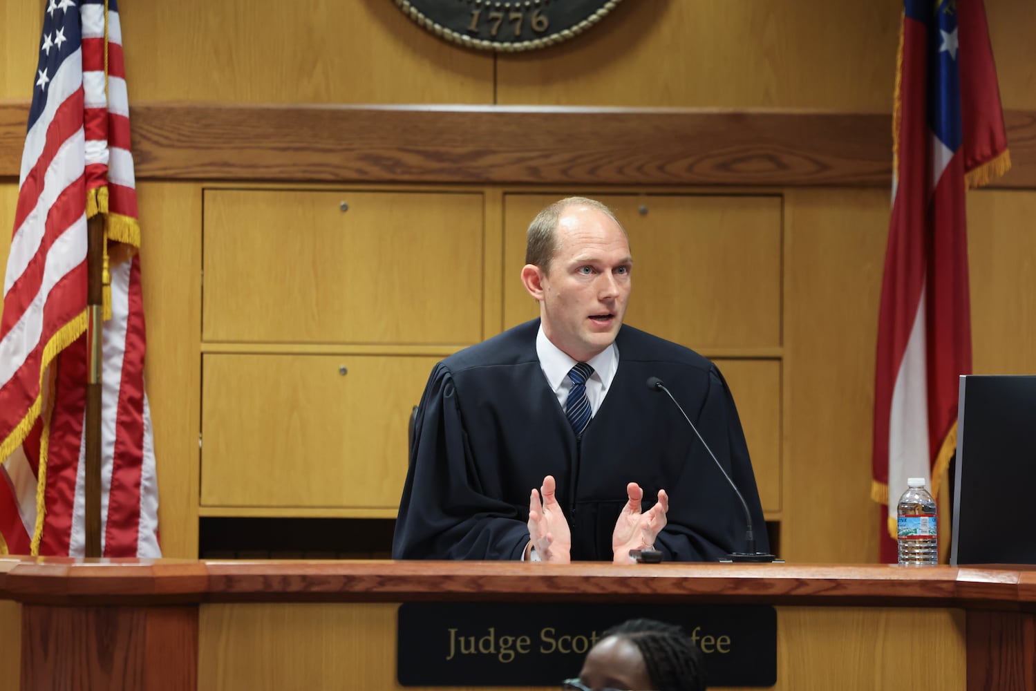 Fulton County Superior Judge Scott McAfee hears motions from attorneys representing Ken Chesebro and Sidney Powell in Atlanta on Wednesday, Sept. 6, 2023. (Jason Getz / Jason.Getz@ajc.com)