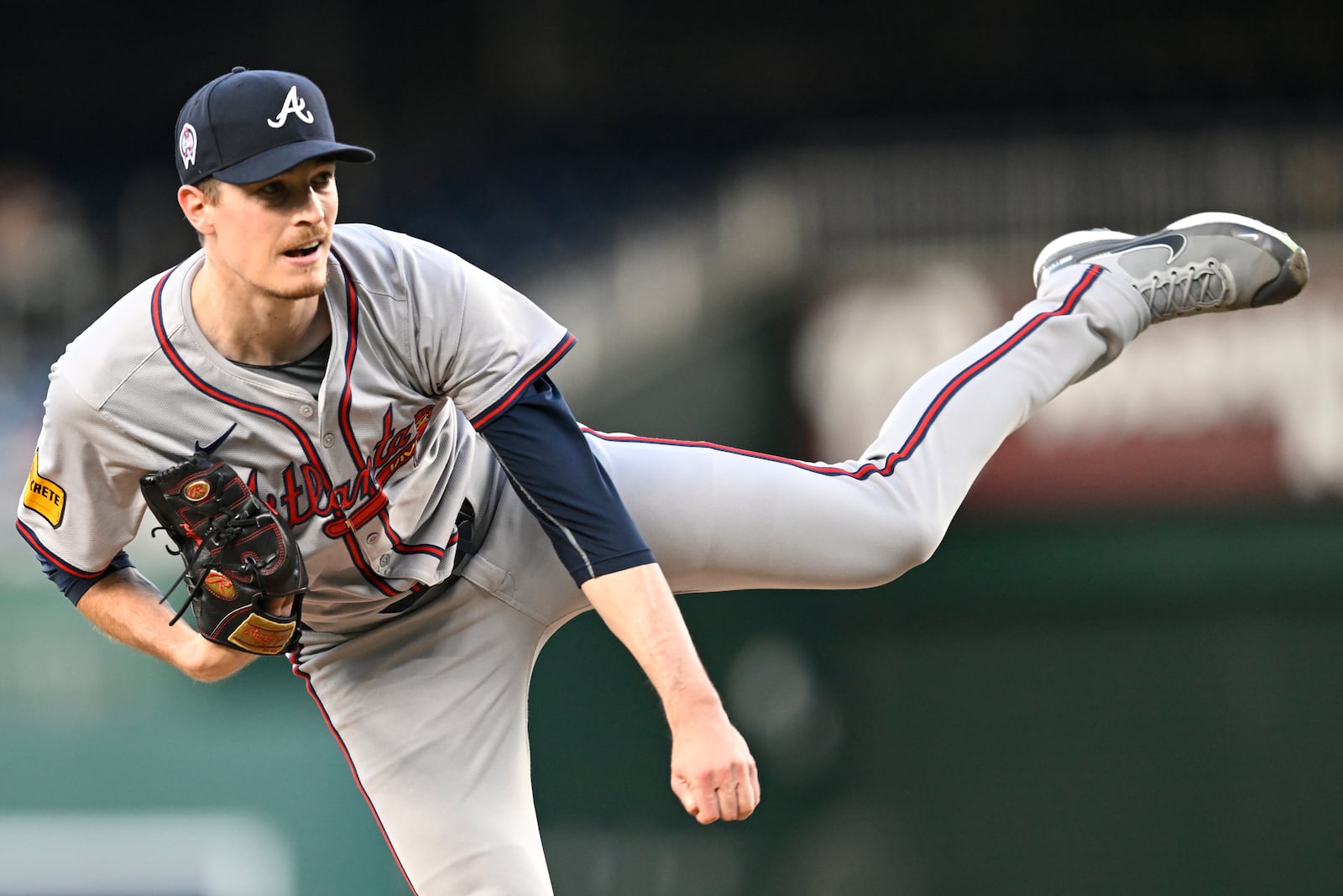 Atlanta Braves starting pitcher Max Fried follows through during the first inning of a baseball game against the Washington Nationals, Wednesday, Sept. 11, 2024, in Washington. (AP Photo/John McDonnell)