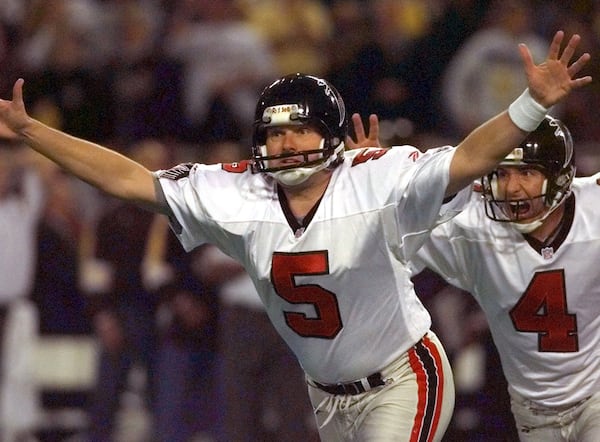 Falcons kicker Morten Andersen celebrates the 39-yard field goal that beat the Vikings and sent Atlanta to its first Super Bowl.