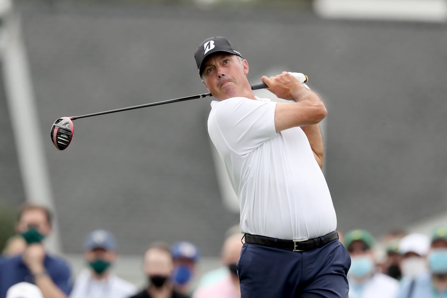 April 9, 2021, Augusta: Matt Kuchar hits his tee shot on the first hole during the second round of the Masters at Augusta National Golf Club on Friday, April 9, 2021, in Augusta. Curtis Compton/ccompton@ajc.com