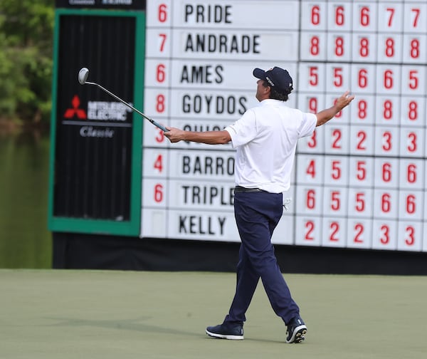 Billy Andrade reacts to missing his putt on No. 18 to bogey and finish at 7-under in the Mitsubishi Electric Classic Sunday, May 16, 2021, at TPC Sugarloaf in Duluth. (Curtis Compton / Curtis.Compton@ajc.com)