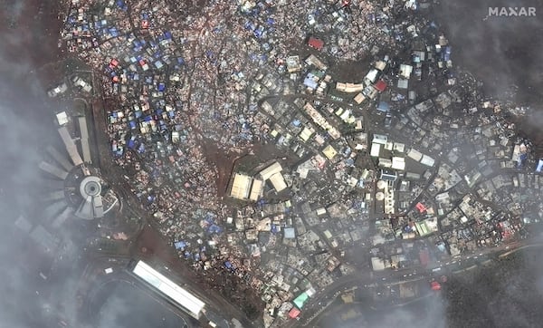 This satellite image released by Maxar Technologies shows damage of Collège de Kwalé on the French Territory of Mayotte in the Indian Ocean after Cyclone Chido, Dec. 16, 2024. (Maxar Technologies via AP)