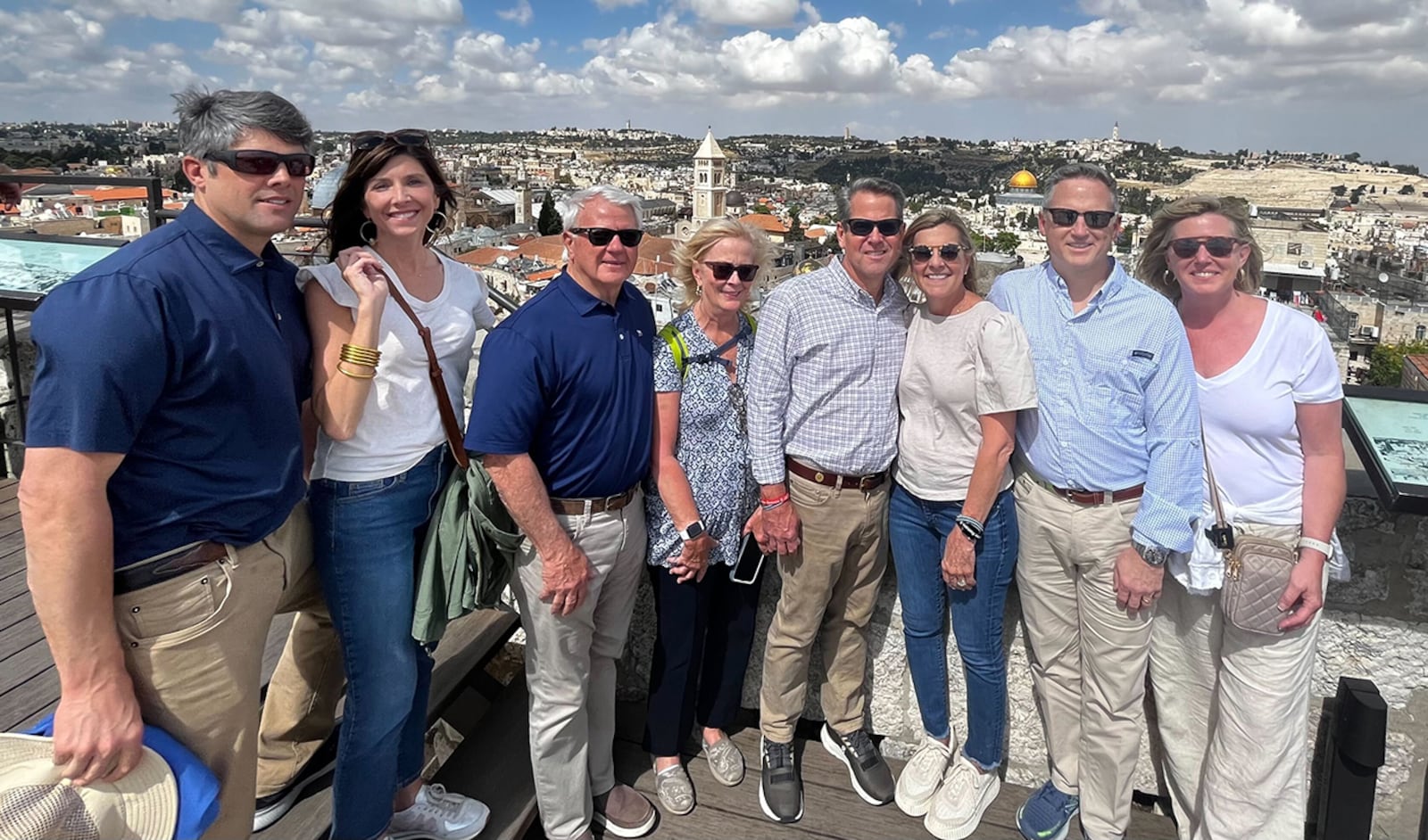 Georgia Gov. Brian Kemp (fourth from right) leads a state delegation to Israel that includes his wife, Marty; House Speaker Jon Burns and wife Dayle; Senate GOP leader John Kennedy and wife Susan; and state Rep. Shaw Blackmon and wife Whitney. (Greg Bluestein/The Atlanta Journal-Constitution)