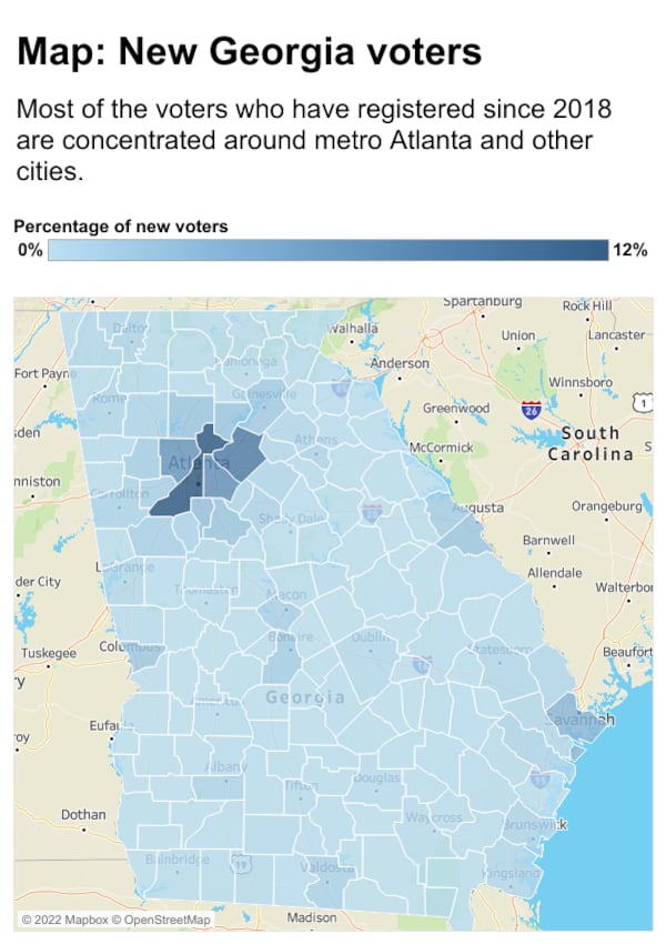 Most of the voters who have registered since 2018 are concentrated around metro Atlanta and other cities.