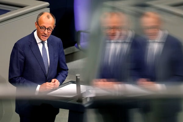 Opposition leader Friedrich Merz of the Christian Democrats delivers a speech in the German parliament Bundestag in Berlin, Germany, Wednesday, Nov. 13, 2024. (AP Photo/Markus Schreiber)