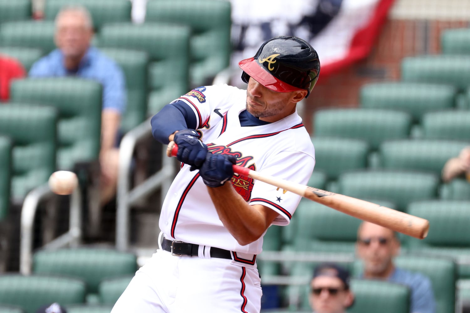 Braves first baseman Matt Olson swings during a game against the Nationals on Wednesday at Truist Park. (Miguel Martinez / miguel.martinezjimenez@ajc.com)