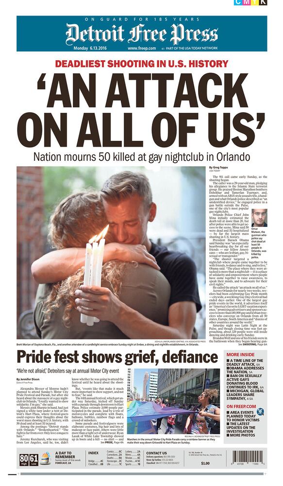 Newspaper front pages reflect Orlando tragedy