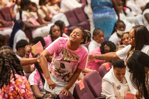 Friends, classmates and members of the community attend Bre’Asia Dennae Powell’s memorial service at Jackson memorial Baptist church in Atlanta on Saturday, June 3, 2023.  Powell was killed by a stray bullet after a graduation party in the Benjamin E. Mays High School parking lot.  (Jenni Girtman for The Atlanta Journal-Constitution)