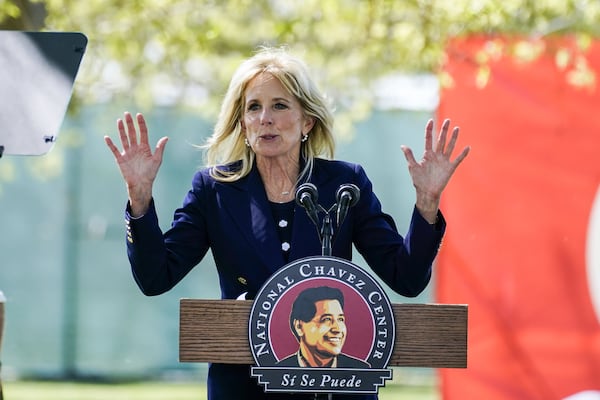 First lady Jill Biden will be visiting the Columbus, Georgia, area this week. She is pictured at an event in California on March 31, 2021. (Kent Nishimura/Los Angeles Times/TNS)