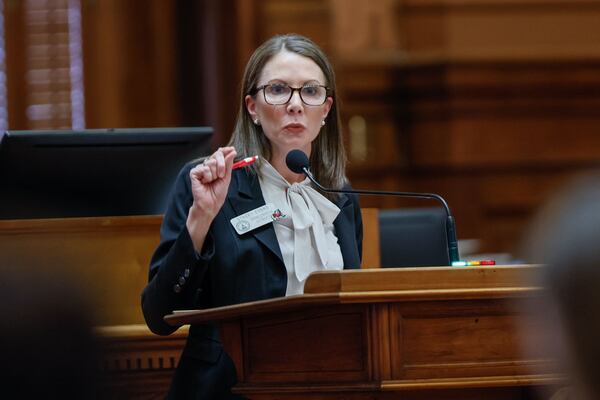 State Rep. Stacey Evans (D) speaks in opposition to HB 1105 during Crossover Day on Feb. 29 at the Capitol in Atlanta. HB1105 would penalize sheriffs who don’t coordinate with federal immigration authorities to the House of Public Safety and Homeland Security. Miguel Martinez/AJC