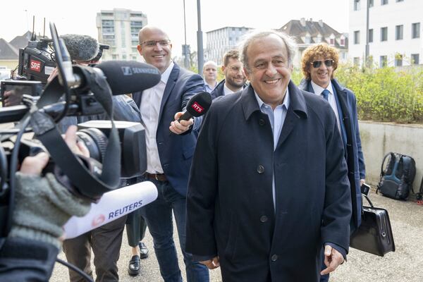 Former UEFA President, Michel Platini, arriving to the verdict at the special appeals court, in Muttenz, Switzerland, Tuesday, March 25, 2025. (Urs Flueeler/Keystone via AP)