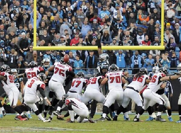 Atlanta Falcons' Matt Bryant (3) kicks a field goal in hsi game against the Carolina Panthers in Charlotte, N.C., Sunday, Nov. 16, 2014. The Falcons won 19-17. Photo by Associated Press