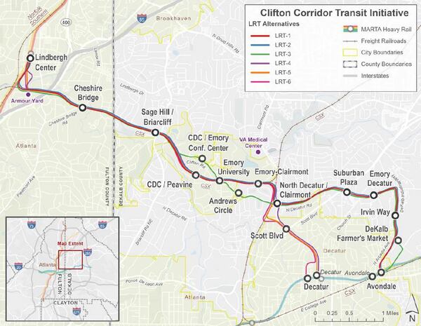 MARTA is studying six light-rail routes (pictured) and four bus rapid transit routes for its proposed Clifton Corridor transit line. The routes would mostly follow the CSX railroad. But they would take different approaches to Lindbergh station to the west, and MARTA must choose between its Decatur and Avondale stations for the eastern end of the line.