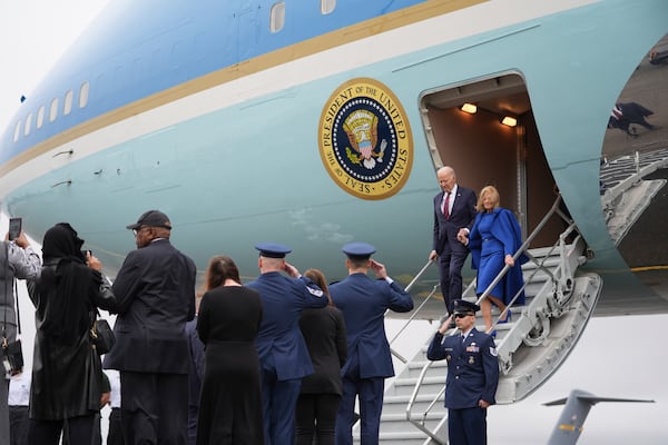 President Joe Biden and first lady Jill Biden arrive on Air Force One at Charleston Air Force Base in Charleston, S.C., Sunday, Jan. 19, 2025. (AP Photo/Stephanie Scarbrough)