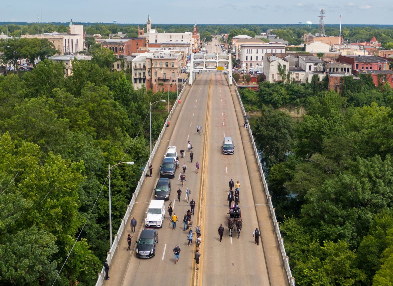 John Lewis crosses Edmund Pettus Bridge for final time