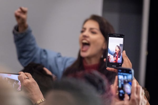 A protestor interrupts Vice President Kamala Harris during her Fight for Reproductive Freedoms tour at Savannah Civic Center in Savannah on Tuesday, February 6, 2024. (Arvin Temkar / arvin.temkar@ajc.com)