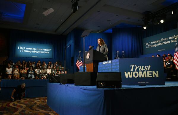 Vice President Kamala Harris speaks during a campaign stop at the Cobb Energy Performing Arts Centre on Friday, Sept. 20, 2024, in Atlanta. "We know in America freedom is not to be given. It is not to be bestowed. It is ours by right," Harris tells the crowd. (Hyosub Shin/AJC)