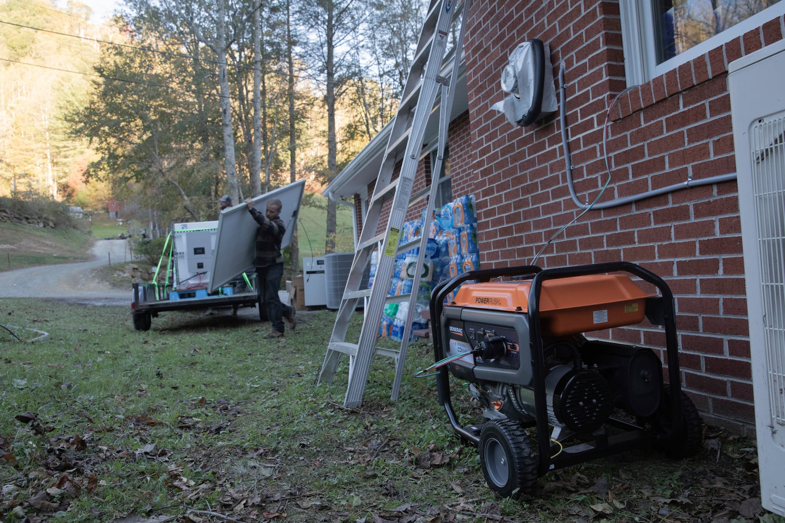 A generator powers a resource hub at the Beans Creek Church of the Lord Jesus Christ in Bakersville, N.C. on Oct. 9, 2024. (AP Photo/Gabriela Aoun Angueria)