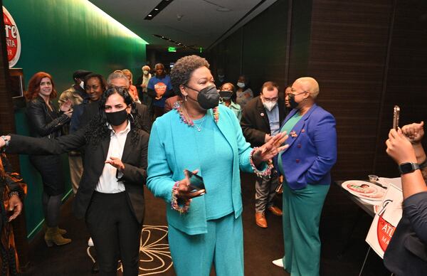 Atlanta mayoral candidate Felicia Moore thanks her supporters during a runoff election watch party held at W Atlanta hotel on Tuesday, November 30, 2021 (Hyosub Shin / Hyosub.Shin@ajc.com)