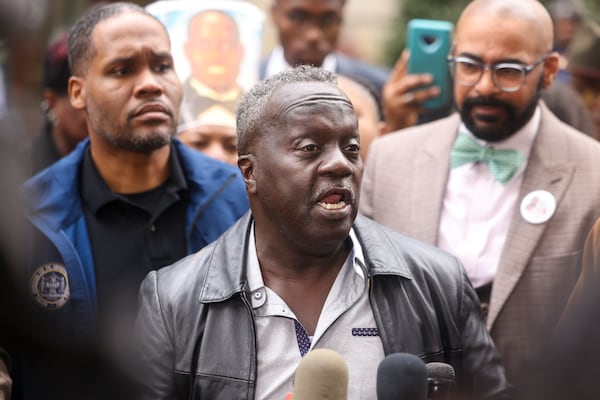 Marcus Arbery, the father of the late Ahmaud Arbery, speaks after oral arguments outside of the 11th U.S. Circuit Court of Appeals, Wednesday, March 27, 2024, in Atlanta. (Jason Getz / jason.getz@ajc.com)