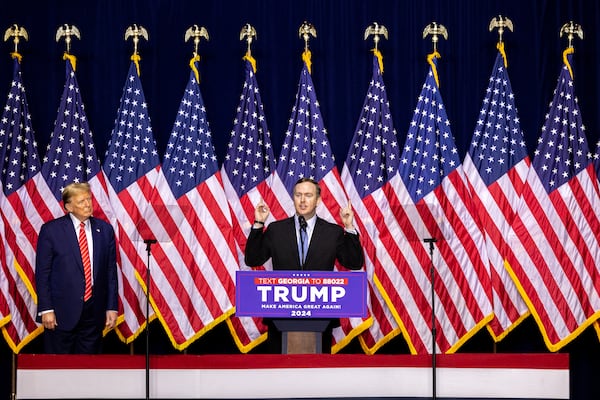 Brian Jack, center, a longtime aide to Donald Trump, nearly won an outright victory in a five-candidate race in Tuesday's GOP primary in the 3rd Congressional District. He will face former state Senate Majority Leader Mike Dugan in a June 18 runoff. (Arvin Temkar / arvin.temkar@ajc.com)