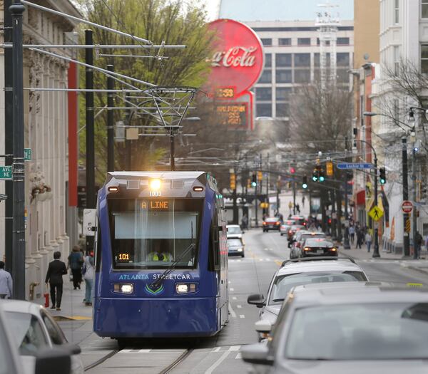 The Atlanta Streetcar makes its way up Peachtree Street in March.