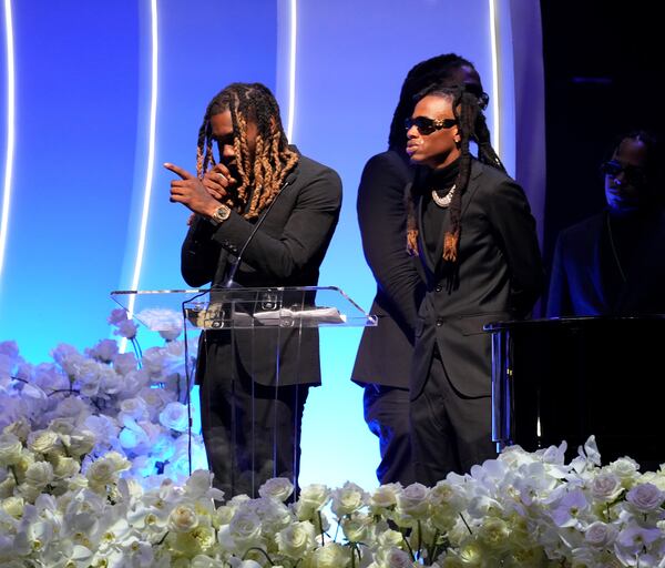 Fellow Migos member Offset speaks Takeoff's celebration of life service at State Farm Arena on Friday, Nov. 11, 2022, in Atlanta. (Photo: Kevin Mazur / Provided to The Atlanta Journal-Constitution)