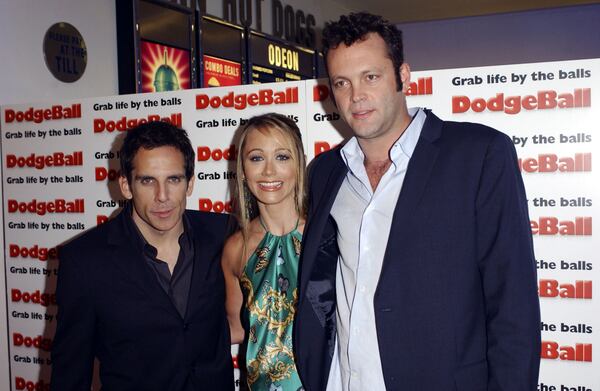 Actors Ben Stiller, Christine Taylor and Vince Vaughn arrive at the UK Premiere of "DodgeBall: A True Underdog Story" at the Odeon Kensington on August 17, 2004, in London. 