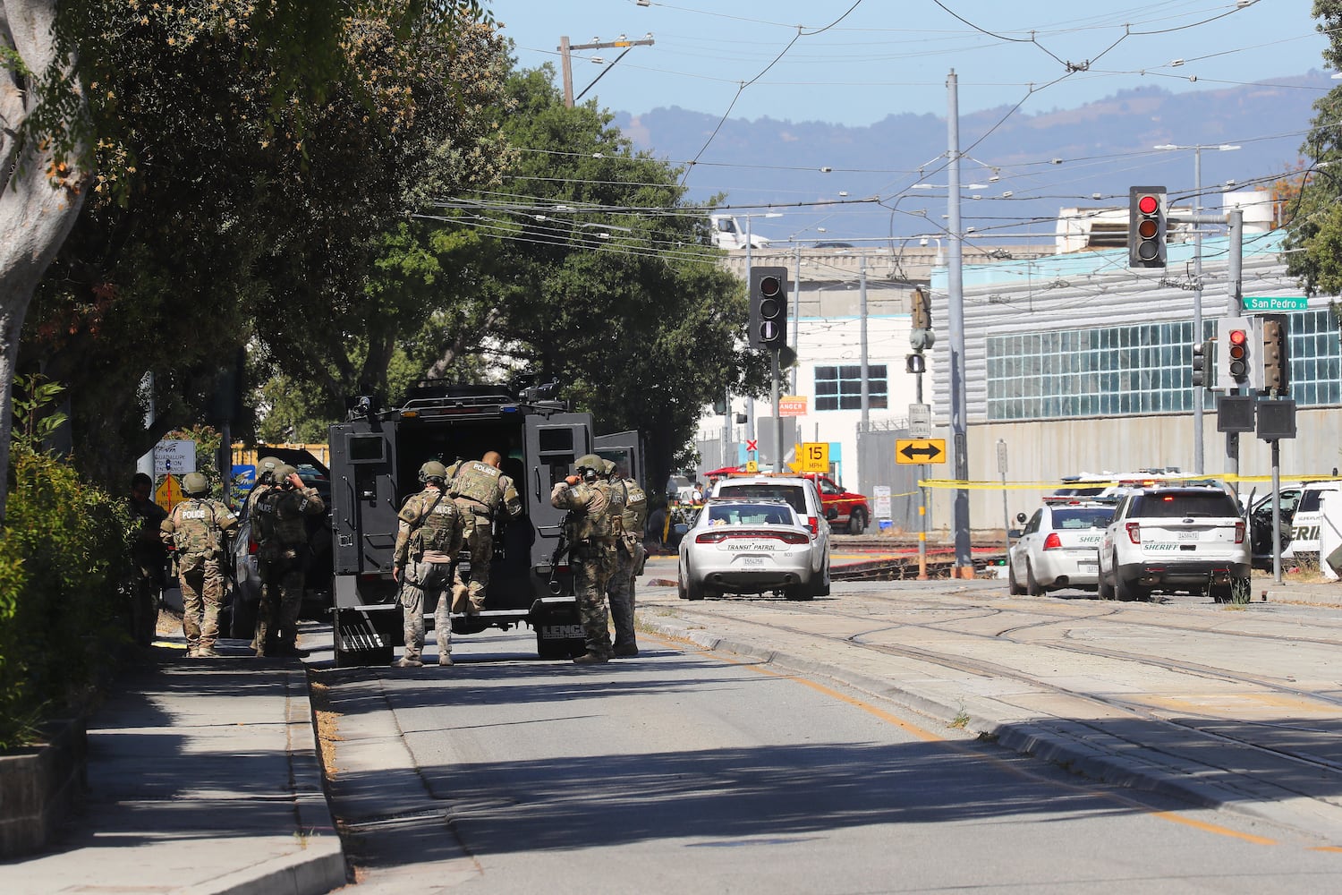 Police at the scene of a shooting at a rail yard in San Jose, Calif., on Wednesday, May 26, 2021. (Jim Wilson/The New York Times)