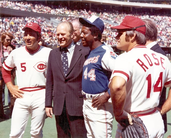 Opening Day 1974: Vice President Gerald Ford attended the opener in Cincinnati and saw Hank Aaron tie Babe Ruth’s career home run record with No. 714. Johnny Bench (5) and Pete Rose (14) were on the 1974 Reds.