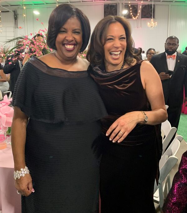 Kamala Harris (right), and one of her Alpha Kappa Alpha line sisters, Benita Stephens at an event in South Carolina. 