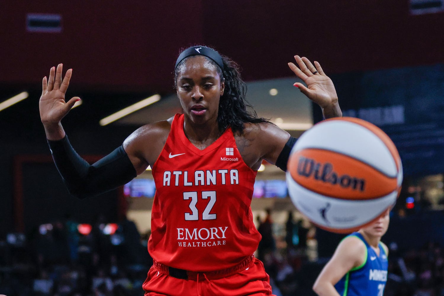 Atlanta Dream forward Cheyenne Parker-Tyus reacts as the ball goes out of bounds during the first half at Gateway Center Arena, Sunday, May 26, 2024, in Atlanta. (Miguel Martinez / AJC)