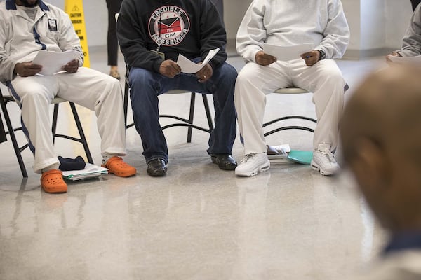 Self-proclaimed gang members participate in a Project Safe Neighborhood class, which assists in reform, at the Metro Reentry Facility, part of the Georgia Department of Corrections, in south DeKalb County on March 11, 2020. (Alyssa Pointer/Alyssa.Pointer@AJC.com)