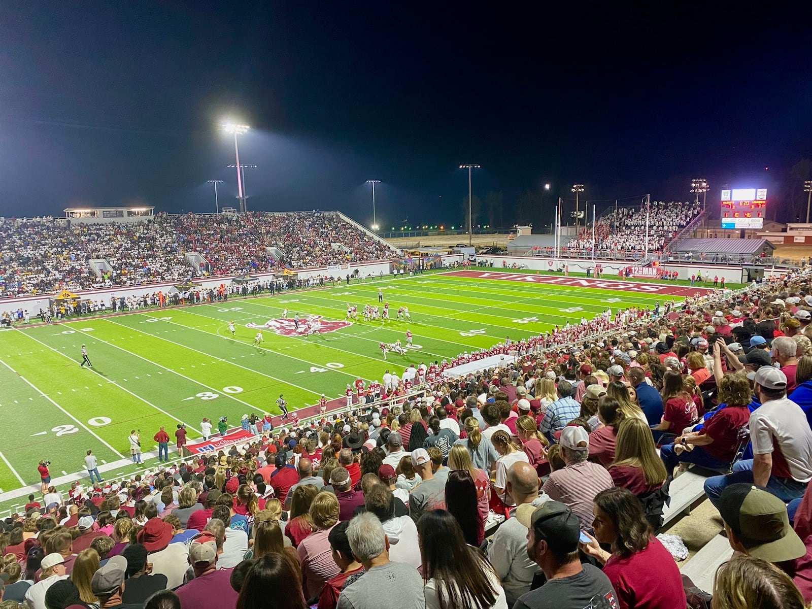 The view from the back row of Martin Stadium at Lowdnes High in Valdosta, where the Vikings defeated archrival Valdosta High Nov. 1, 2024. The 12,000-seat stadium sold out. (AJC photo by Ken Sugiura)