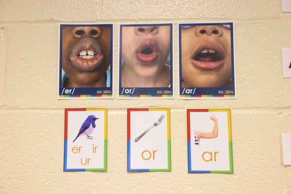 The sound wall is shown in first grade teacher Chantel Jones’ class as she teaches students the “Science of Reading,” a phonics-based approach, at Dunleith Elementary School, Friday, February 3, 2023, in Marietta, Ga.. Jason Getz / Jason.Getz@ajc.com)
