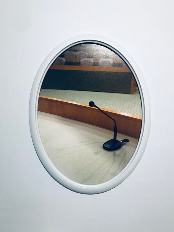 "University of Arkansas School of Law (Microphone)" (2019) digital print by Courtney McClellan from her solo exhibition "Simulations" at the Museum of Contemporary Art of Georgia.
Courtesy of Museum of Contemporary Art of Georgia