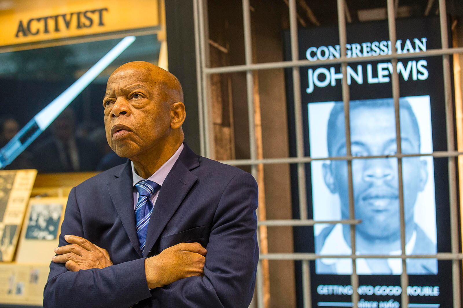 In 2018, John Lewis received two more tributes from the City of Atlanta. In one of them, Hartsfield-Jackson International Airport unveiled an exhibit dedicated to Lewis in its domestic terminal atrium. The wall of art, called "John Lewis — Good Trouble," includes artifacts, photos and video from Lewis' years in the civil rights movement. (Alyssa Pointer / alyssa.pointer@ajc.com)