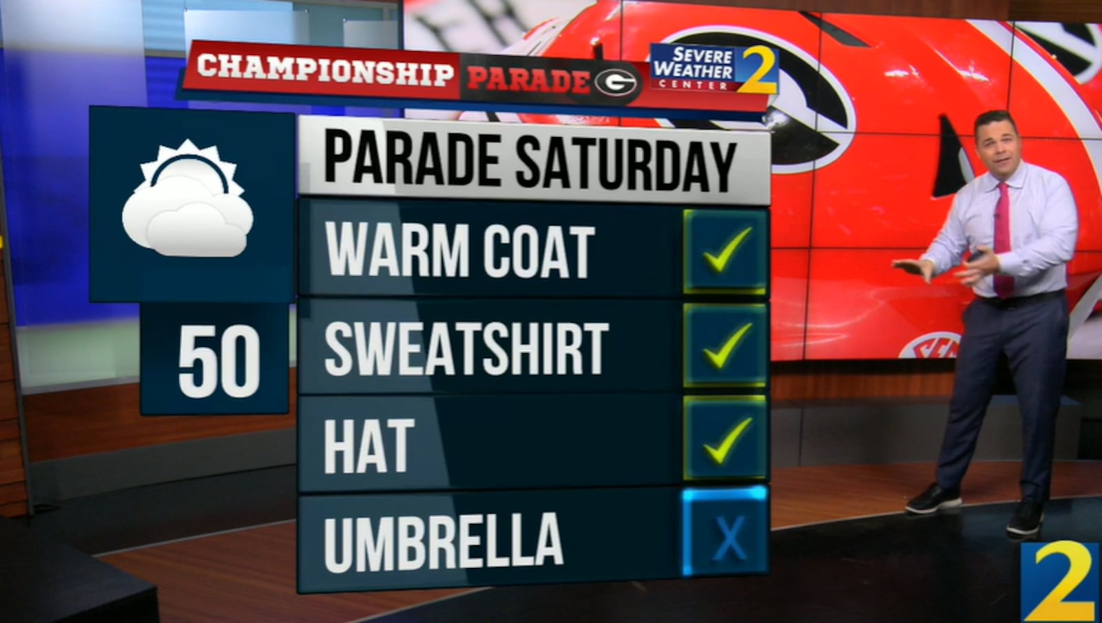 Temperatures in the low 50s are predicted for Saturday's University of Georgia championship parade in Athens.