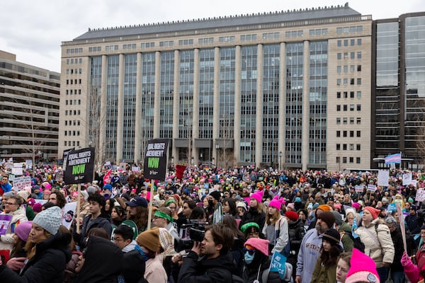 People gather for the People’s March in Washington, D.C. on Saturday, January 18, 2025. (Arvin Temkar / AJC)