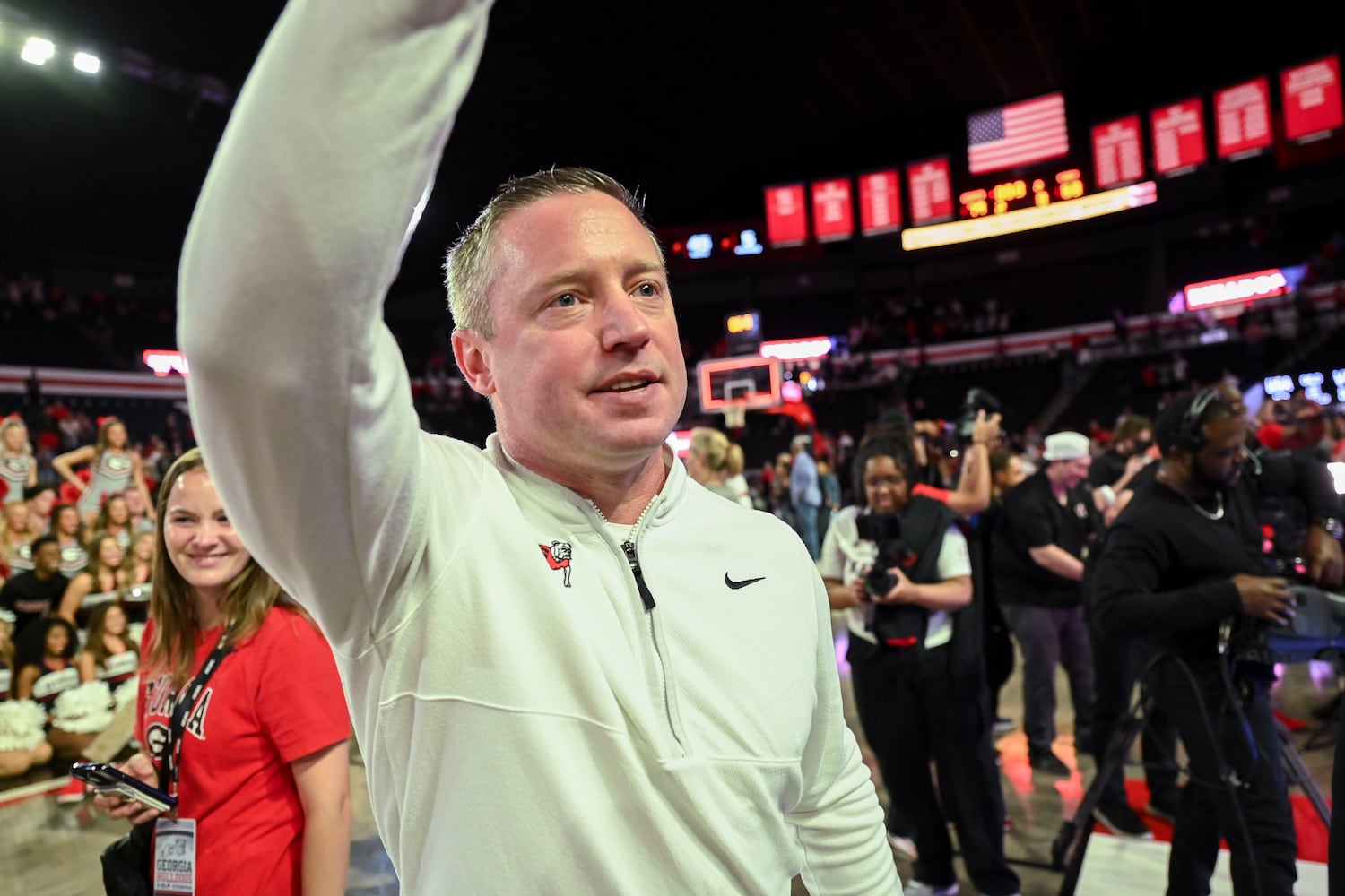 Georgia head coach Mike White waves to fans after beating Vanderbilt 79-68 during an NCAA Basketball game Saturday, March 8, 2025 at Stegeman Coliseum in Athens. (Daniel Varnado/For the Atlanta Journal-Constitution)