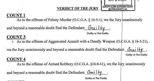 The flawed form reads "we the Jury unanimously and beyond a reasonable doubt find the Defendant...," which the Georgia Supreme Court ruled could mislead jurors.