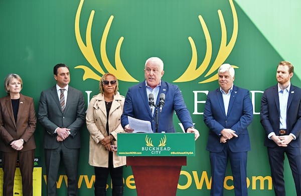 February 16, 2022 Atlanta - Bill White, chairman and CEO of the Buckhead City Committee, speaks to members of the press during a news conference to discuss an important series of next steps outside the Buckhead City Committee headquarters on Wednesday, February 16, 2022. (Hyosub Shin / Hyosub.Shin@ajc.com)