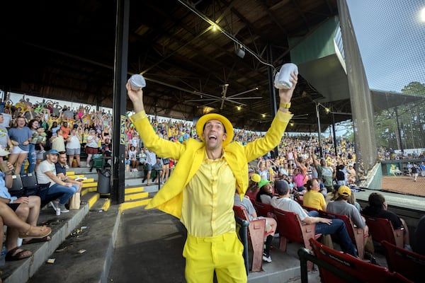 Savannah Bananas owner Jesse Cole tosses out T-shirts during a game at Historic Grayson Stadium. (AJC Photo/Stephen B. Morton)