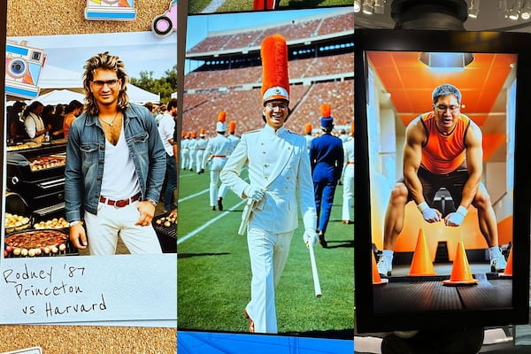 AJC reporter Rodney Ho at the College Football Hall of Fame in different AI-generated guises, including living in 1987 with a mullet, donning a band uniform Princeton doesn't use and working out with a body that definitely is not his. (Rodney Ho/The Atlanta Journal-Constitution)