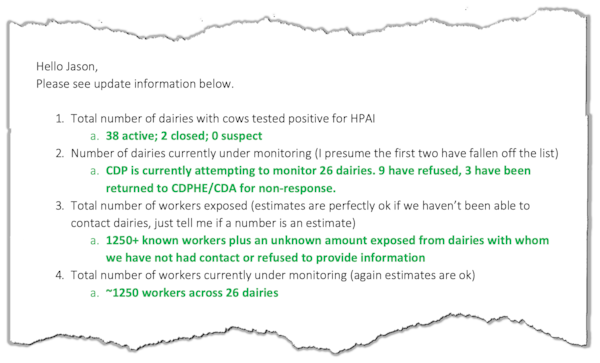 n email obtained through a Freedom of Information Actrequest to the public health department in WeldCounty, Colorado,illustrates that someworkers on farms with bird flu outbreaks weren’t monitored for signs of infection. (Screenshot by KFF Health News)