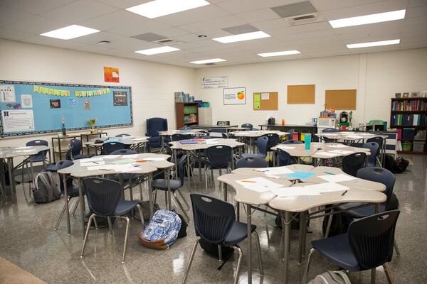 08/01/2018 -- Kennesaw, Georgia -- An empty classroom during the first day of school at Carl Harrison High School in Kennesaw, Wednesday, August 1, 2018.  (ALYSSA POINTER/ALYSSA.POINTER@AJC.COM)